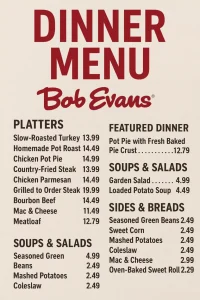Bob Evans Dinner menu with prices